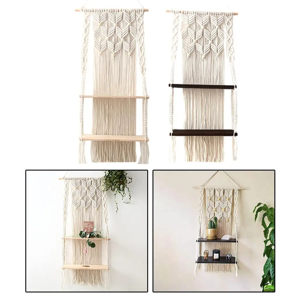Macrame Wall Hanging Shelf 2-Tier Boho Wall Decor