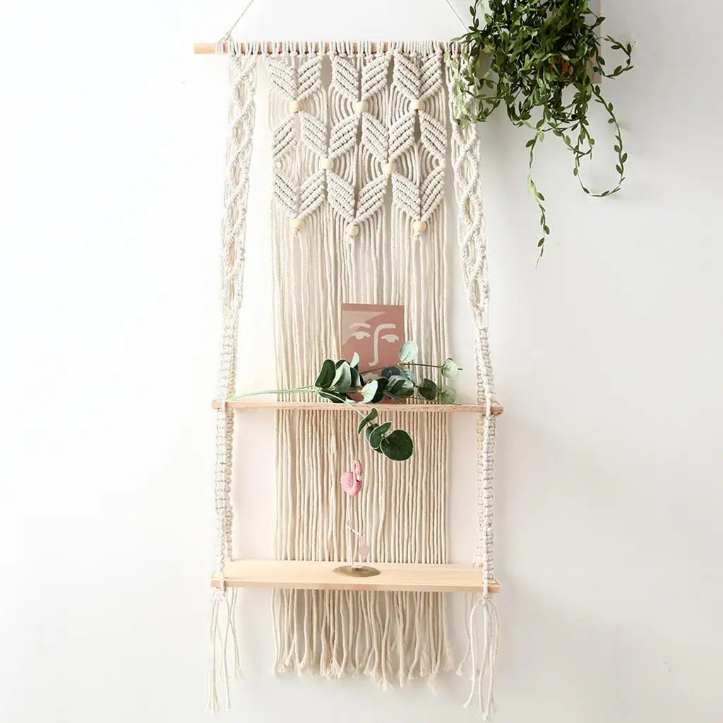 Macrame Wall Hanging Shelf 2-Tier Boho Wall Decor