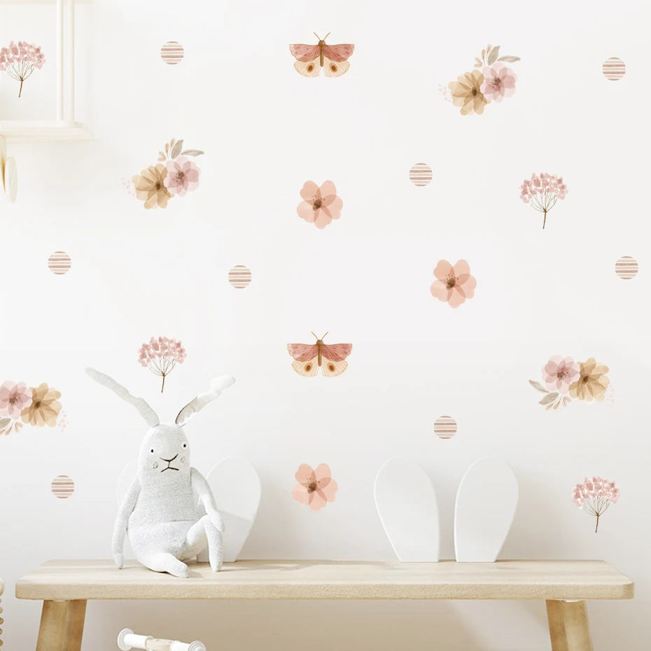 Boho Floral Butterfly Nursery Wall Decals for Kids Rooms